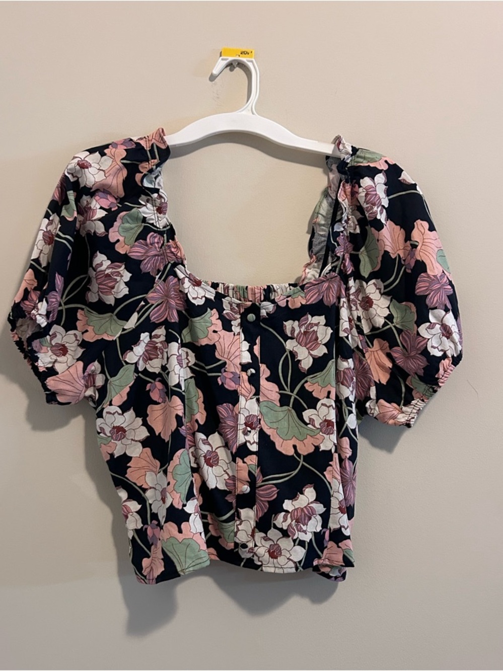 Who What Wear Navy Floral Puff-Sleeve Square-Neck Blouse